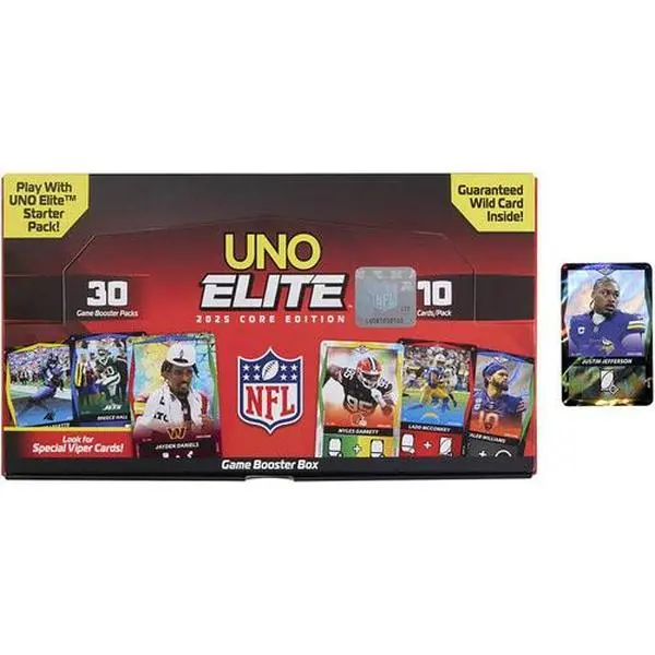 Uno Elite NFL 2025 Core Edition Booster Box - Officially Licensed Collectible Table Top Game for Card Game Lovers with Color Blind Symbols, Randomized Cards, Special Power, Pack