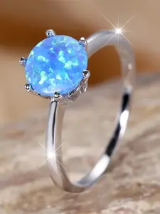 Blue Fire Syntheyic Opal Six Claw Round Stone Rings For Women Vintage Silver Color Wedding Bands Birthstone Jewelry Christmas Gifts