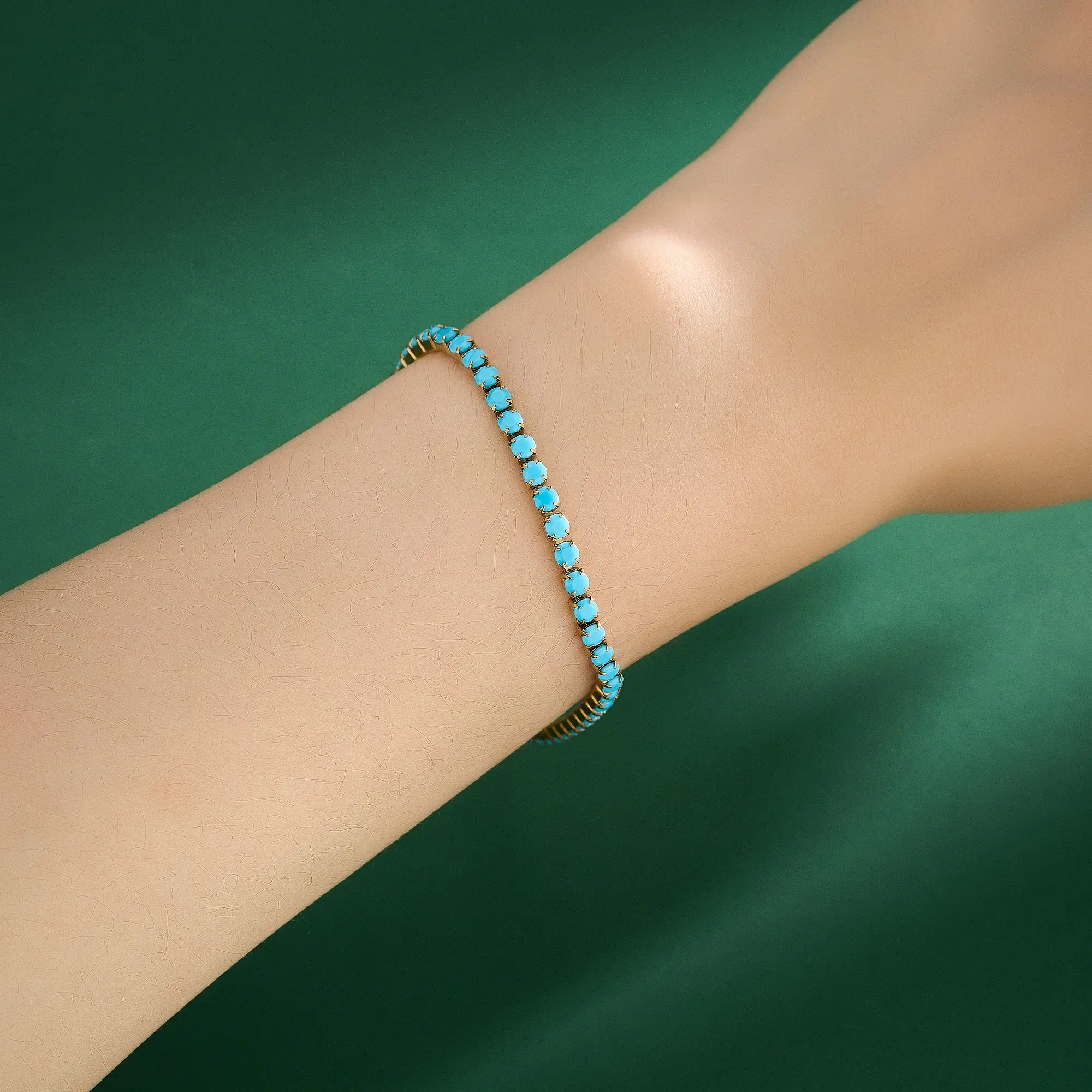 Oufer 18K Gold Plated Waterproof 3mm Elegant Turquoise Stainless Steel Bracelet-17cm+5cm