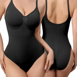 Mobeso Women‘s Backless & Seamless Thong Bodysuit Low Back Waist Shaper Tummy Control Slimming Shapewear Sexy Butt Lifter Black (Runs Snug)  Women's V Neck Sleeveless fajas woman style V-Neck Bodysuit Womenswear Minimalist perfect body suit