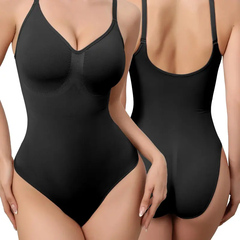 Mobeso Women‘s Backless & Seamless Thong Bodysuit Low Back Waist Shaper Tummy Control Slimming Shapewear Sexy Butt Lifter Black (Runs Snug) Women's V Neck Sleeveless fajas woman style V-Neck Bodysuit Womenswear Minimalist perfect body suit