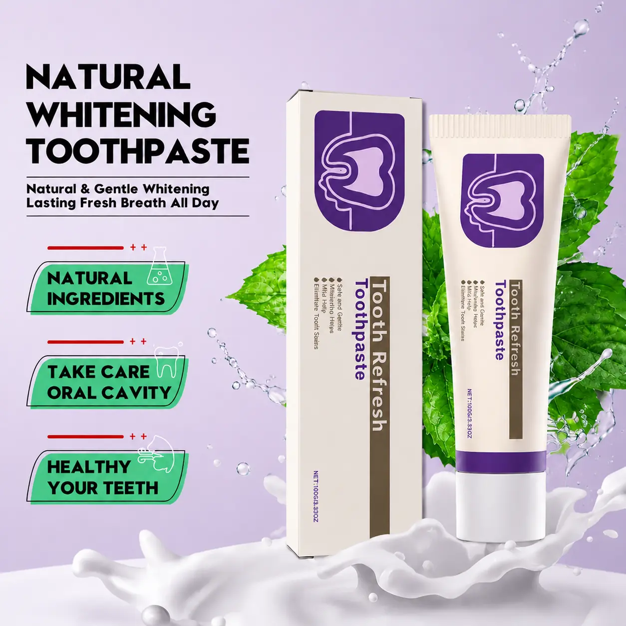 Natural Whitening Toothpaste for Fresh Breath and Healthy Gums, Oral Care Toothpaste Helps Remove Coffee Tea and Wine Stains, Strengthens Enamel, Plaque and Cavity Protection, Gentle Daily Care for Sensitive Teeth, 100g