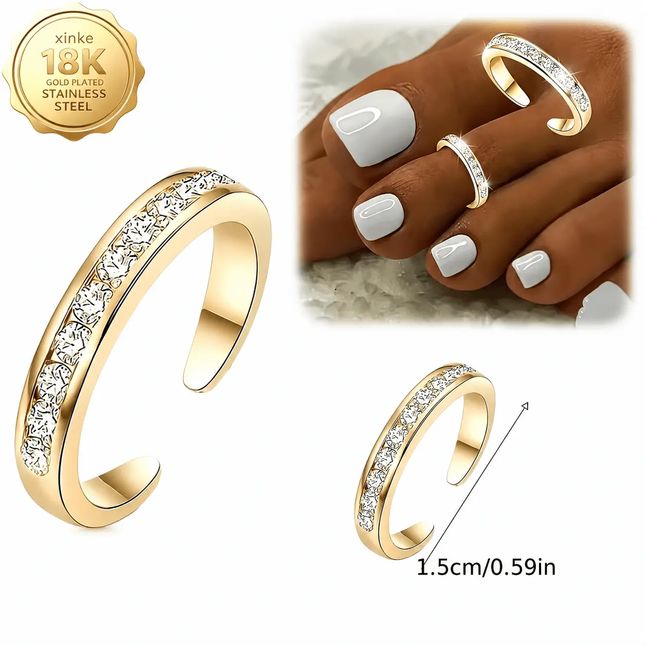 Women's 18K Plated Bohemian Toe Ring - 316 Stainless Steel with Shiny Artificial Diamonds, Suitable for Daily Wear, Parties, Fashion Costume Jewelry Accessories