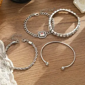 4 Pcs Dainty  Silver Bracelets Set for Women 14K Plated Link Cubic Zirconia Paperclip Stake Layering Chain Adjustable Trendy Hand Jewelry