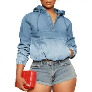 Women's Half Zip Denim Hoodie Pullover Jacket Sweatshirt Tops
