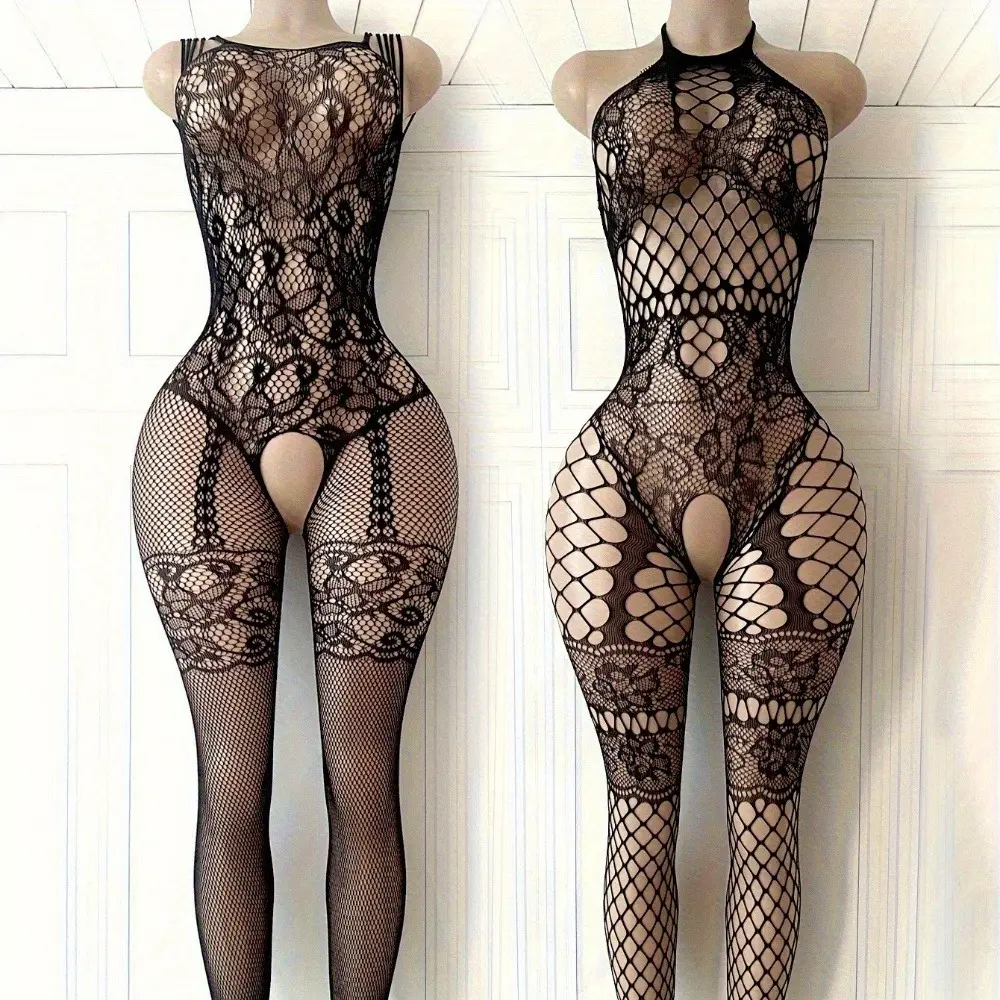 2pcs Women's Sexy Lingerie - Crotchless Cutout Bodysuits, Sexy Women's  Sleeveless Halterneck Onesies, Sheer Fishnet Bodysuits, Ideal for Women's  Lingerie & Lingerie, Minimalist Bridal Stretchy Womenswear