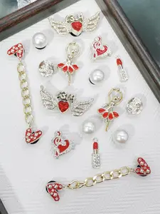 16PCS Valentine Golden Red ABS Shoe Charms Funny DIY Heart Chains Accessories Luxury Love Wing Dancing Girls Clogs Shoes Buckles Decorations Bling Flower Artificial Pearl Shoe Clips Fit Women Sandals Slides Slippers Beach Bags Birthday Festival Party Gift