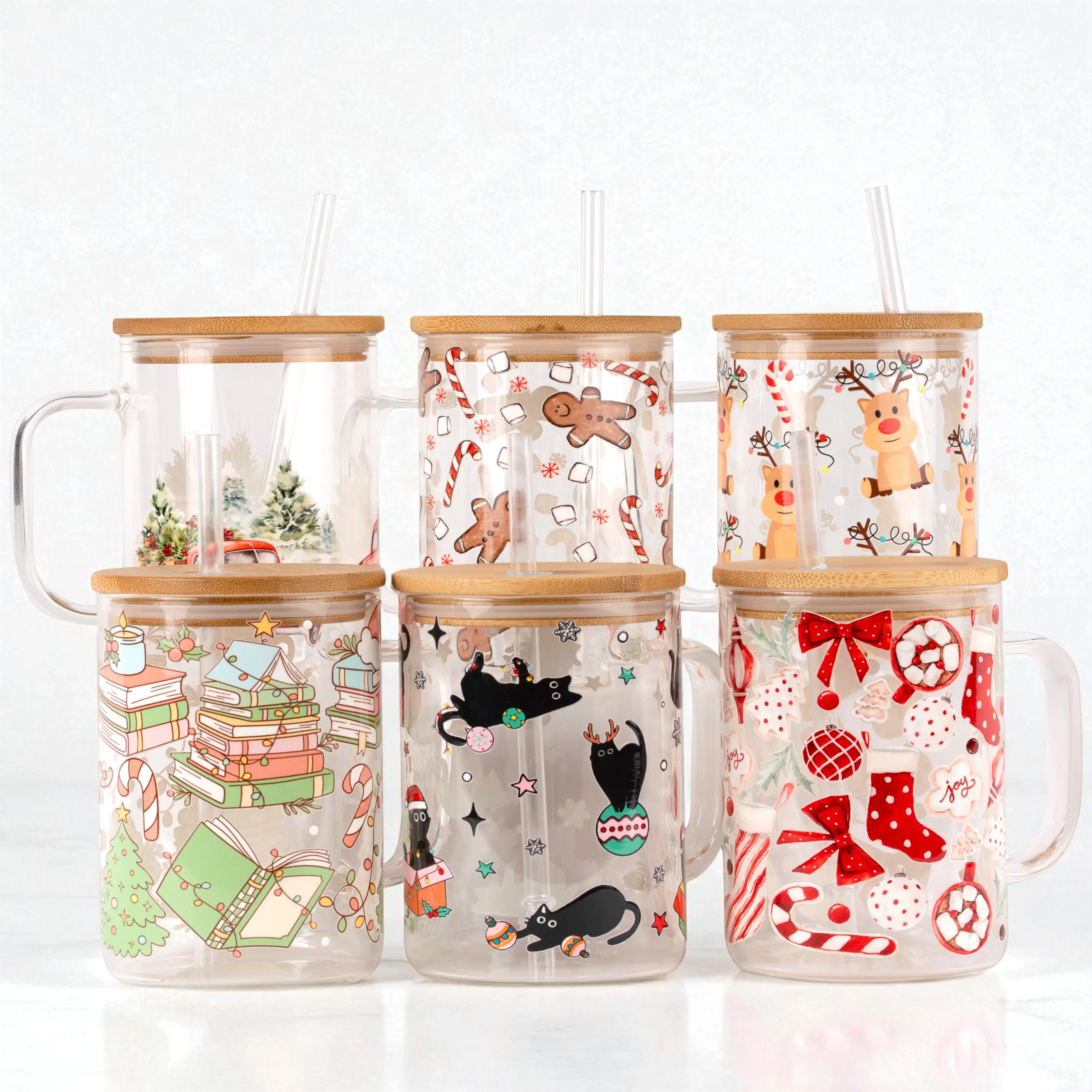 Christmas 17oz Glass Mug with Lid and Straw, Iced Coffee Drinkware, Gift for Her, water bottle for women, christmas gift, Ceramic