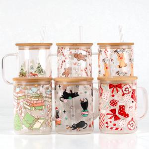 Christmas 17oz Glass Mug with Lid and Straw, Iced Coffee Drinkware, Gift for Her, water bottle for women, christmas gift, Ceramic