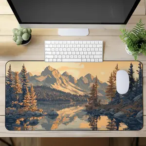 Retro Art Mountain Landscape Desk Mat |   Large Mouse Pad with Forest and Lake Reflection Design, Non-Slip Desk Protector for Office or Gaming