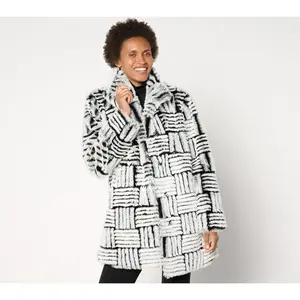 Dennis Basso Geometric Jacquard Faux Fur Coat with Hidden Snap