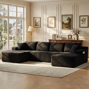 125" Modular U-Shaped Corduroy Sectional Sofa Couch, 4-Seater Oversized Boneless Deep-Seat Living Room Couch with Side Pockets, Cup Holders, No Assembly (Black)