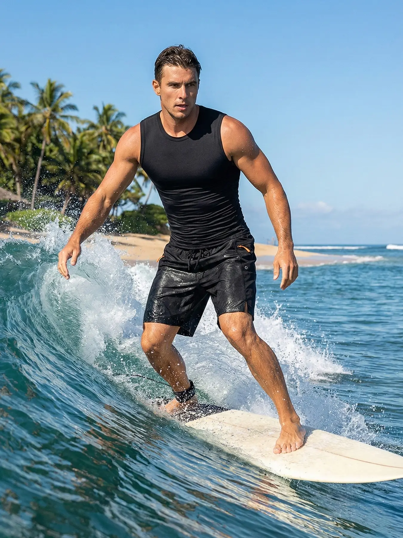 Men's Summer Casual Surfing Beach Clothing Set, Fashion Summer Sportswear, Casual Sportswear Set, Round Neck Compression Tank Top Quick-Dry Breathable T-Shirt + Zipper Side Pocket Beach Shorts with Mesh Liner, Breathable Sporty Outfits