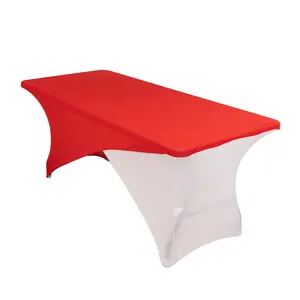 Stretch Spandex 72"x30" Rectangle Table Cover Red/White Cross Over Design - Versatile & Sleek Two-Piece Fitted Tablecloth with Elastic Foot Pockets