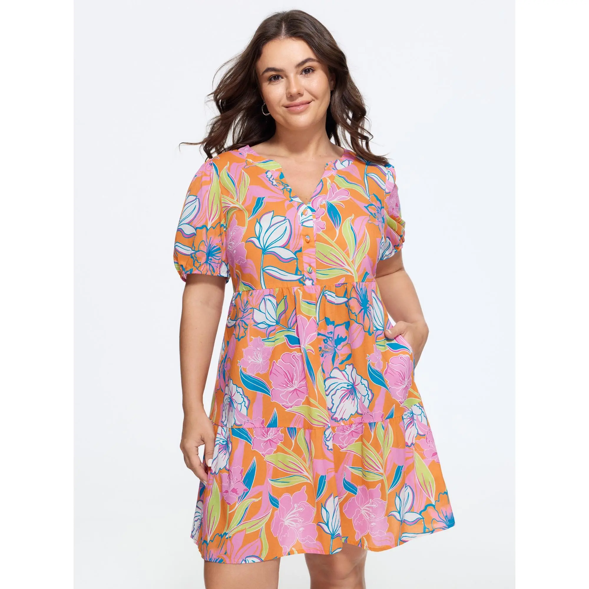BloomChic Plus Size Cotton Floral Print Tiered Mini Dress[M-6X]2026 Summeroutfits,Summerfinds, Shortsleeve, Casual, Smooth, Garment, Amber, Women, Button, Fabric, Pocket, Curvy Dresses Plus Size