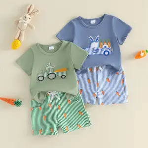 Kupretty 2Pcs Toddler Baby Boy Easter Outfits Set Short Sleeve Truck Bunny Carrot Embroidery Shirt Tops and Shorts Clothing Set 6M-4Y