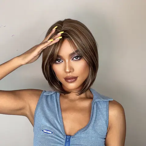 12 Inches Long Straight Brown Wigs with Bangs Synthetic Wigs Women's Wigs for Daily or Cosplay Use LC8027-1