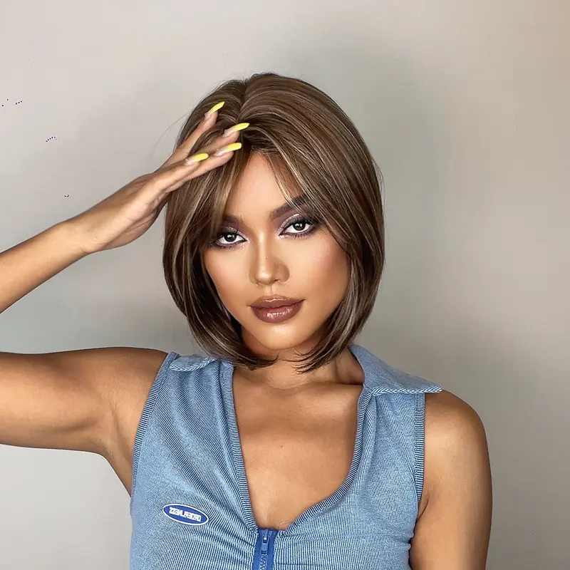 12 Inches Long Straight Brown Wigs with Bangs Synthetic Wigs Women's Wigs for Daily or Cosplay Use LC8027-1
