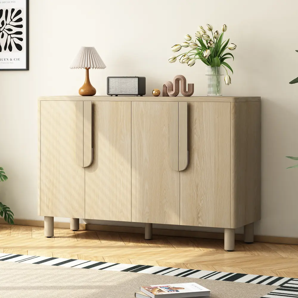 4-Door Natural Wood Veneer Buffet Cabinet - Minimalist Home Decor Sideboard with Unique Arc Handles, Adjustable Shelves for Dining Room, Living Room
