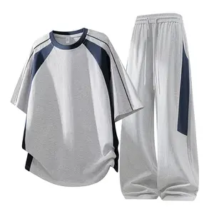 Men’s summer sports casual two-piece set: short-sleeve T-shirt with contrasting shoulder panels and wide-leg pants with side contrast details. Suitable for everyday wear, commuting, workouts, and home—breathable and won’t feel stuffy when sweating. summer