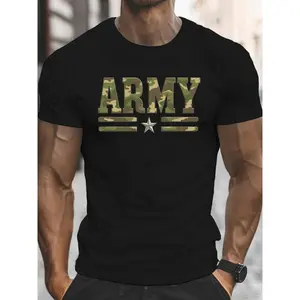Men'S Army-Inspired Cotton T-Shirt - Soft, Comfortable, Short Sleeve Crew Neck Tee with Camouflage Lettering and Star Design, Casual Summer Wear, Casual Summer Wear |   Camouflage Print Shirt |   Soft Knit Fabric
