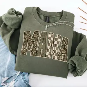 Hunting Mama Camo Western Sweatshirt, Distressed Varsity Cowboy Top, Camouflage Checkered Shirt, Cozy Season Camo Sweatshirt for Her and Him, Apparel Made In The USA		