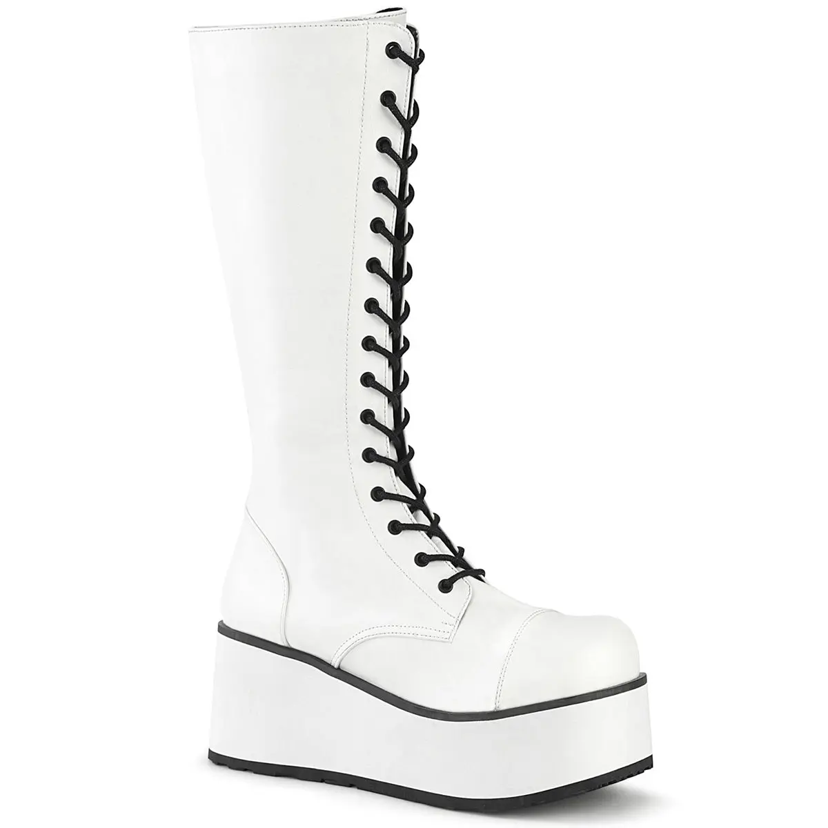 Demonia Men's Trashville-502 White Vegan Leather Over-the-knee Boots with 3 1/4" Platform Lace-Up Closure & Buckle Straps Demonia Men's Trashville-502 White Vegan Leather Over-the-knee Boots with 3 1/4" Platform Lace-Up Closure & Buckle Straps