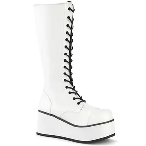 Demonia Men's Trashville-502 White Vegan Leather Over-the-knee Boots with 3 1/4" Platform Lace-Up Closure & Buckle Straps