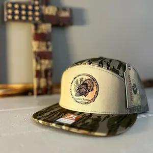 Richardson 168p 7 Panel Bottomland Camo Stealth Outfitters Circle Turkey Leather Patch Camo Trucker Hat for Outdoor Enthusiasts
