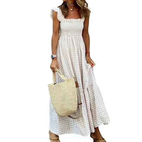 Ebossy Women's Modest Khaki Retro Plaid Smocked Maxi Dress - Square Neck, Spaghetti Straps, Sleeveless, Flounce Hem, Curve-Flattering Fit, Casual Bohemian Chic, for Daily Life, Evening, Wedding
