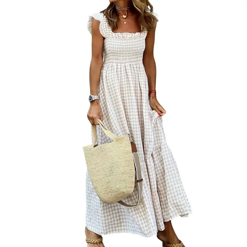 Ebossy Women's Modest Khaki Retro Plaid Smocked Maxi Dress - Square Neck, Spaghetti Straps, Sleeveless, Flounce Hem, Curve-Flattering Fit, Casual Bohemian Chic, for Daily Life, Evening, Wedding
