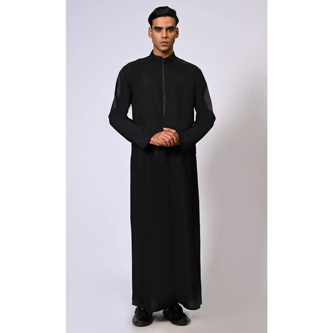 Men's Black Thobe with Contrast Denim Yoke and Sleeves Panel