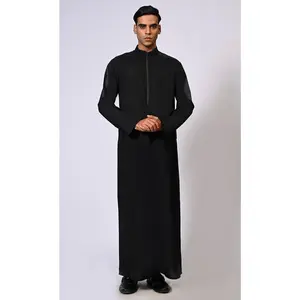 Men's Black Thobe with Contrast Denim Yoke and Sleeves Panel