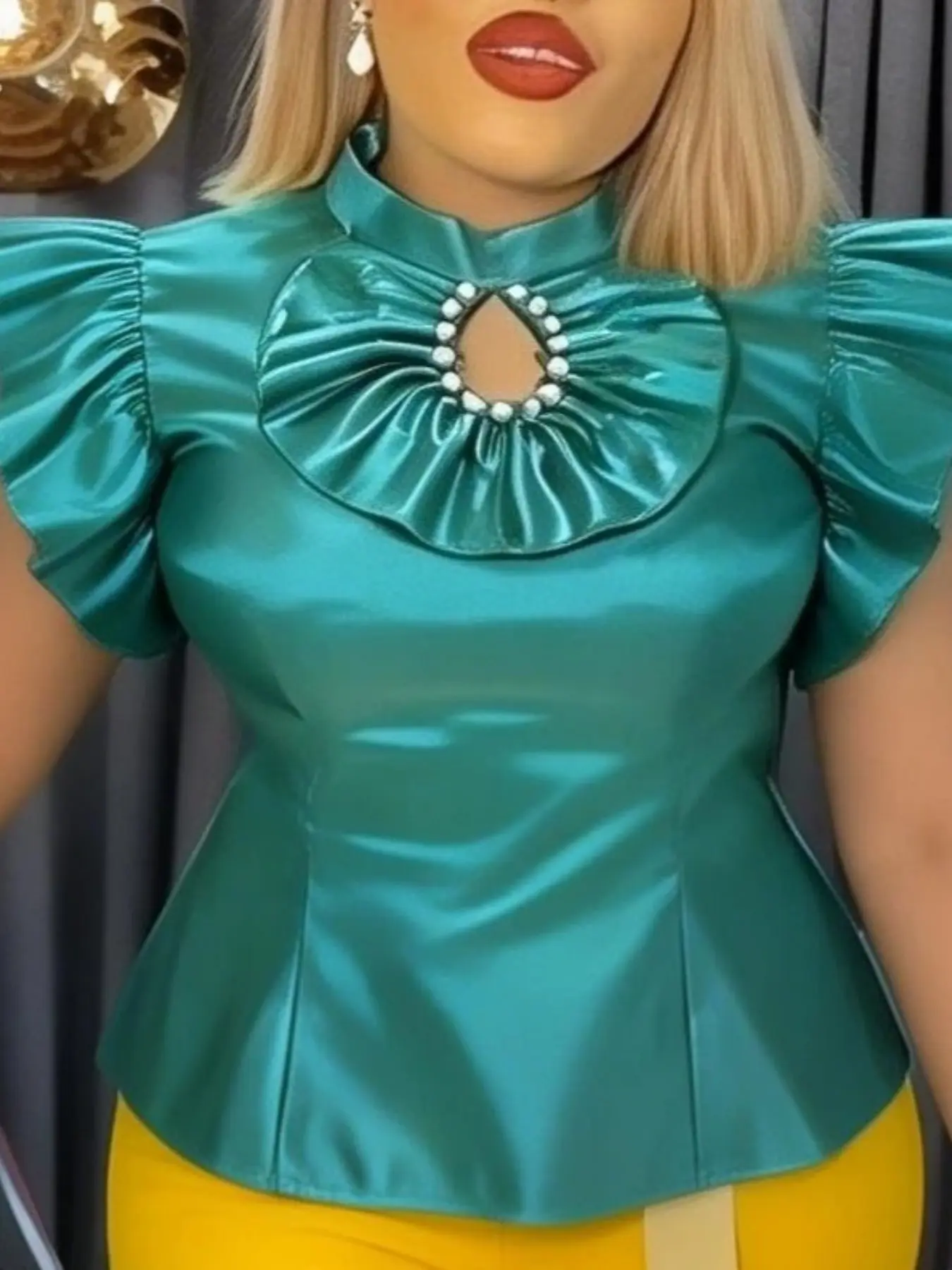Elegant Women Satin Fabric Short Crop Top, Blouse, Shirts, Half High Neck Flying Ruffled Sleeves Hollow Out Beading Summer Chic African Office Party Church Occasions Fit