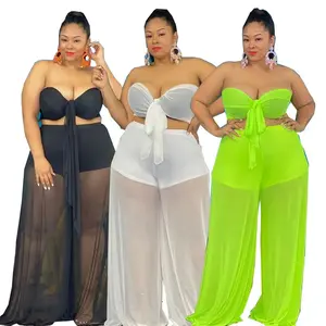 2PC. Dressy Mech Plus Size Solid Wide Leg Pants Set