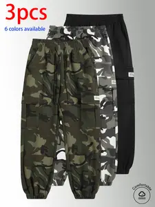 3-pack men’s long pants: men’s camouflage cargo jogger pants, loose slim fit multi-pocket casual pants with elastic drawstring design, available in multiple colors, suitable for everyday wear, holiday travel, and outdoor hiking.
