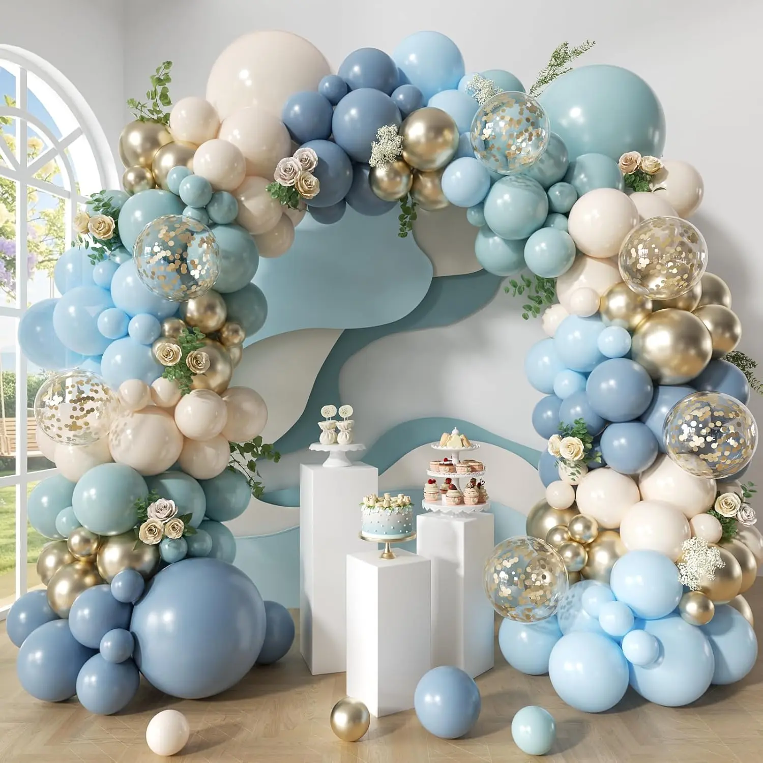 Dusty Blue Balloon Arch Kit, 148 count Retro Blue Macaron Blue Dusty Blue White Sand  Confetti Balloons for  Bridal Shower Wedding Engagement Birthday Party Decorations
