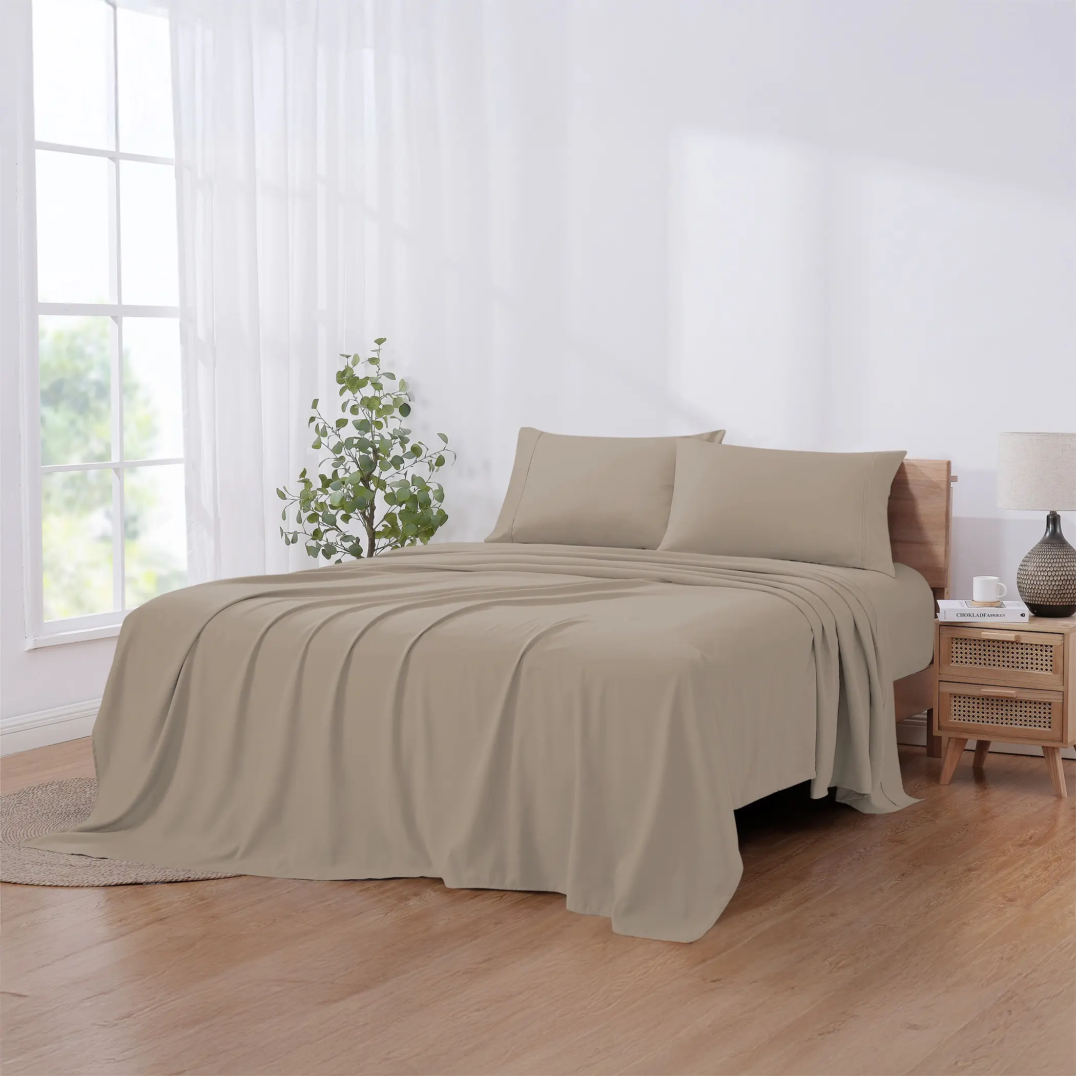 Modern Threads Khaki Twin Size Microfibre 3-Piece Flat Weave Solid Sheet Set - Soft, Wrinkle Resistant, Anti-Allergic, Machine Washable Bedding Linens, Hypoallergenic