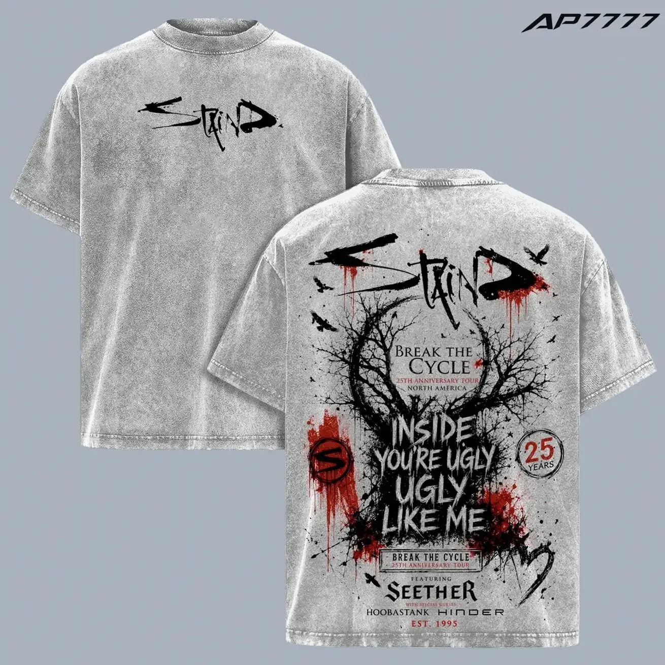 STAIND Band Tee Washed – Break The Cycle 25th Anniversary Tour Vintage Menswear Top Heavy Cotton Underwear Double Printed Unisex Oversize Alternative Metal Post-Grunge Hard Rock Graphic, STAIND Band T-Shirt Y2K Streetwear Cotton Tee GJR