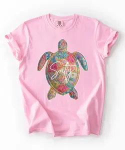 Salty Sea Turtle T-Shirt | Faux Patchwork Coastal Graphic Tee | Colorful Summer Beach Shirt | Ocean Aesthetic Top