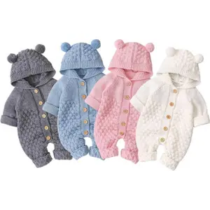 Newborn Baby Girls Boys Hooded Sweater Romper Knit Bear Ear Long Sleeve Solid Color Button Jumpsuits Winter ClothesGift