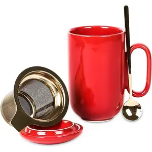 Ceramic  Mug Infuser - Large Cup 16 oz Hot Loose Steeping Handle Teacup with Leaf Infuser Spoon Lid - Tall Glazed Strainer Coffee Mug Microwave Safe - Red