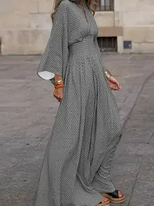 Women's Elegant V-Neck Long Sleeve Dress with All-Over Geometric Print, Smocked Waist & Flared Umbrella Hem - Machine Washable Fitted Maxi Dress for Casual, Office, Vacation Wear, Long Sleeve Maxi Dress