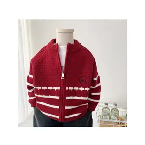 Boys' classic red front-zip sweater |   Comfortable knitted cardigan, easy for children to put on and take off
