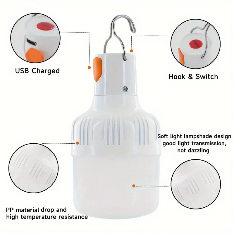 2-Pack Smart USB Rechargeable LED Motion Sensor Light Bulb - 3 Modes Dimmable, Emergency Backup, Energy Efficient Night Light, Hook-Included for Home Camping, Outdoor Lighting Solutions, Decking & Patio Lighting, Portable Decking Fixture