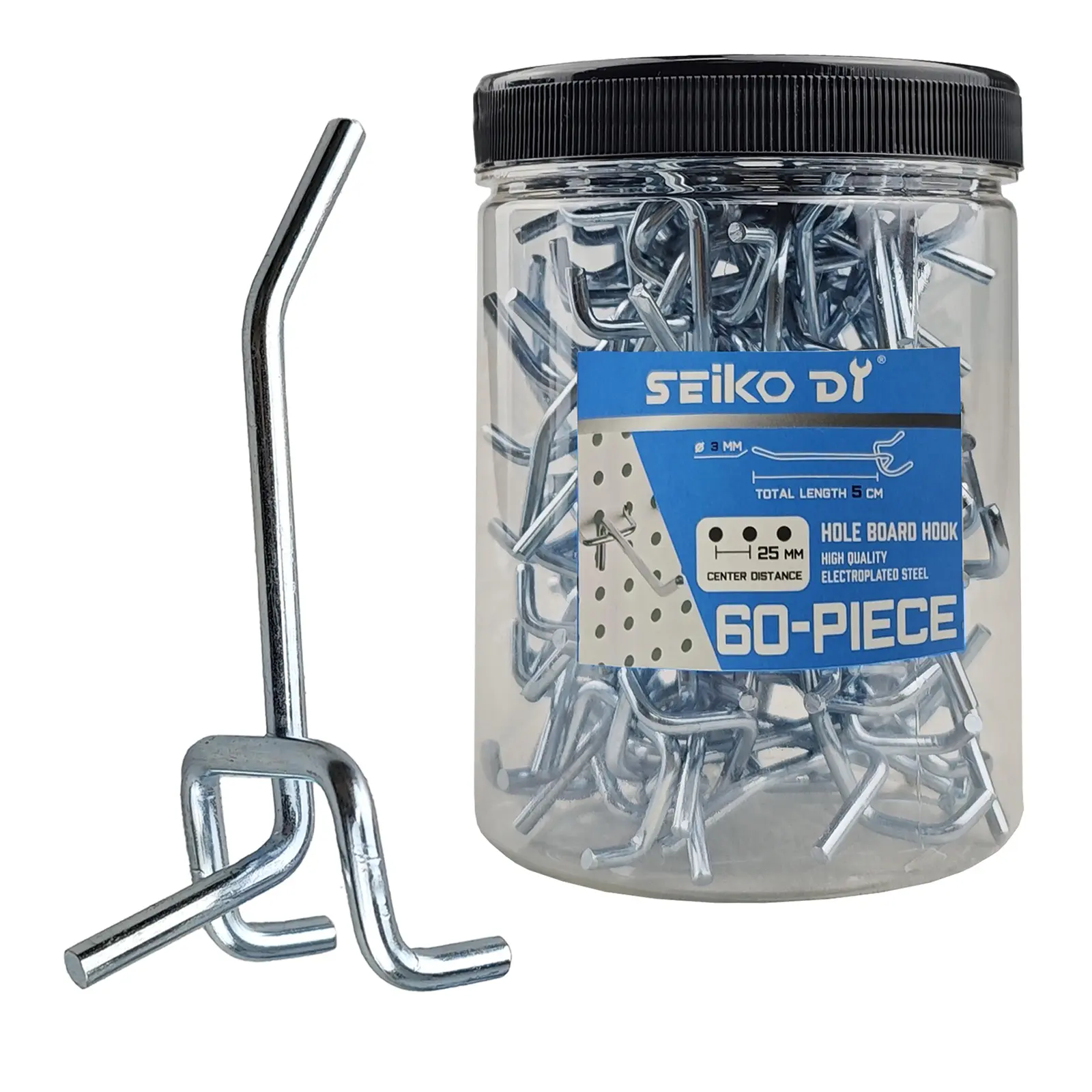 60 Metal Wall Hooks, 2 inches long, silver, 1-inch hole spacing; suitable for heavy-duty wall-mounted retail displays and tool storage in garages and showrooms