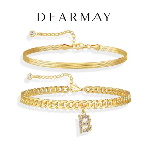 Dearmay Women's 14K Gold-Plated Initial Anklets Set, Adjustable Waterproof Ankle Bracelets with Letter Pendants, Stackable Personalized Costume Jewelry, Summer Beach Accessories, Gifts for Girlfriend, Girlfriend Gifts