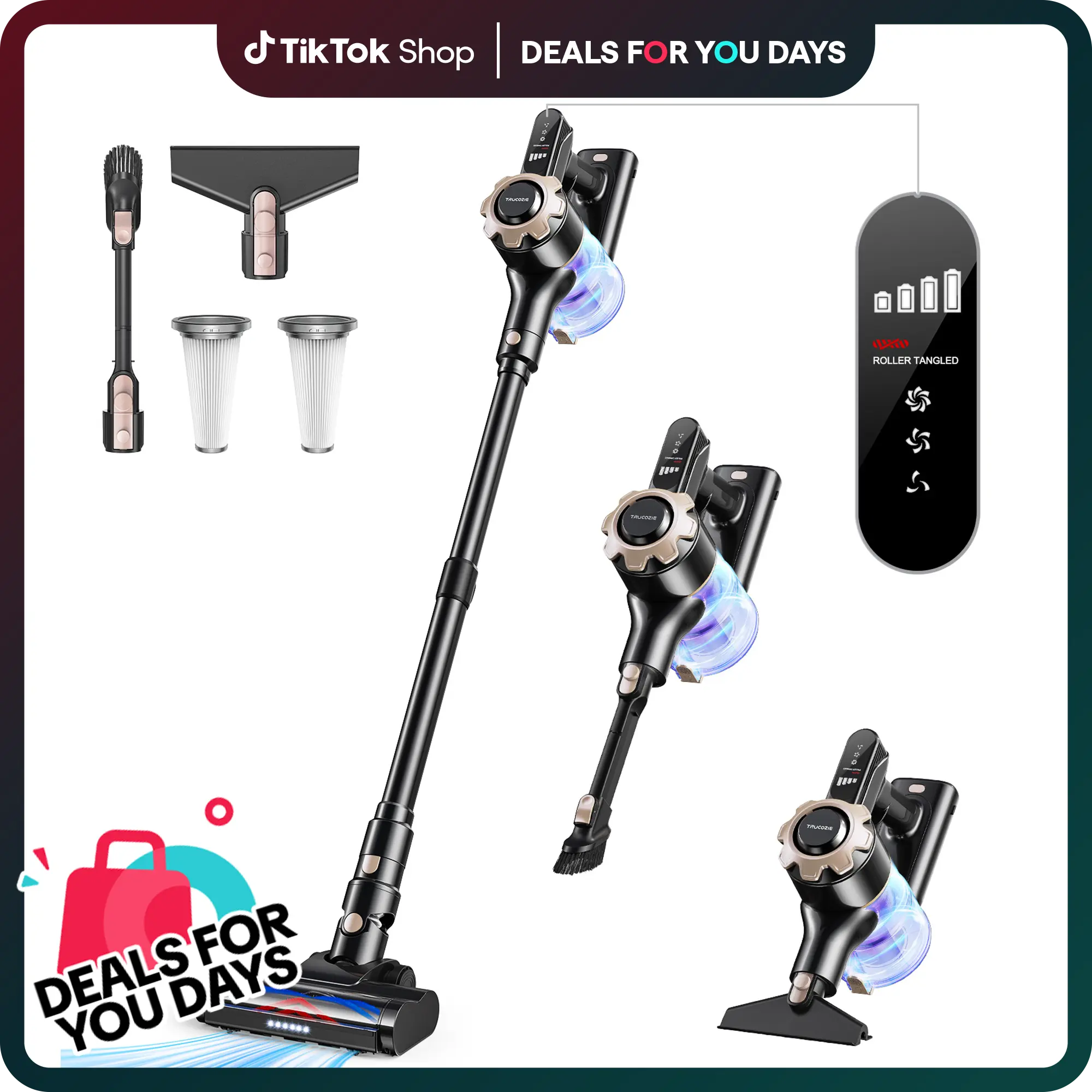 【 2026 newly upgraded】Trucozie T350 cordless vacuum features an 8-in-1 lightweight design with up to 45 minutes of runtime and 33Kpa of powerful suction. This rechargeable cordless vacuum is ideal for carpets, tiles, pet hair, and hardwood floors.