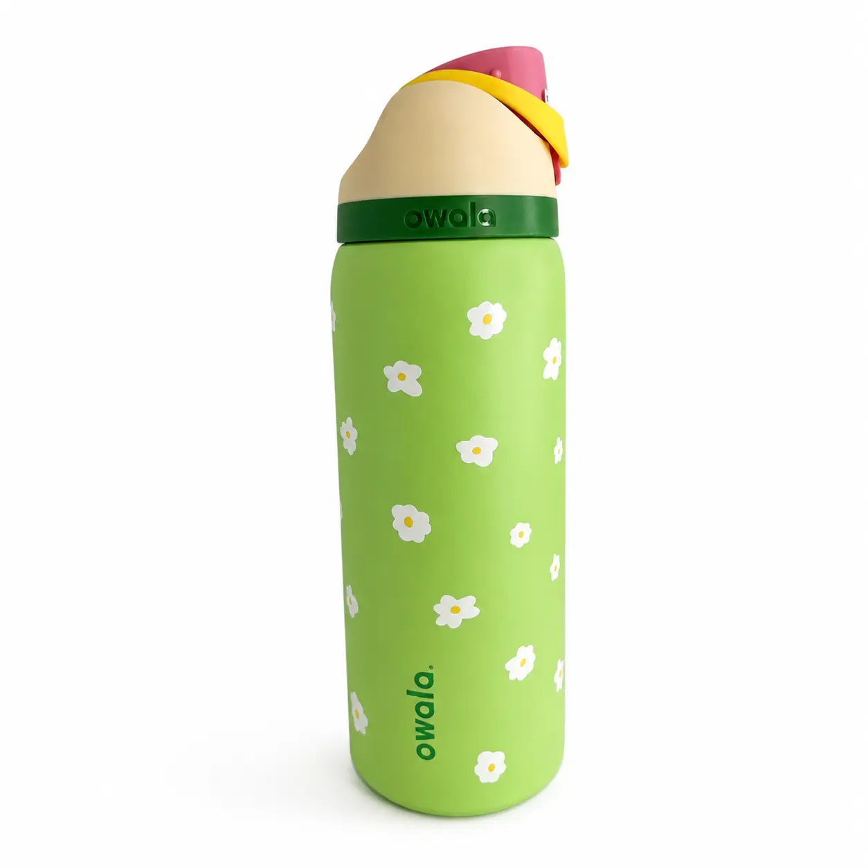 Owala FreeSip 32 oz insulated stainless steel water bottle, keeps drinks cold up to 24 hours, leakproof double-wall vacuum water bottle with built-in straw, push-button lock lid, lime green daisy floral print for gym, travel, hiking, school, office