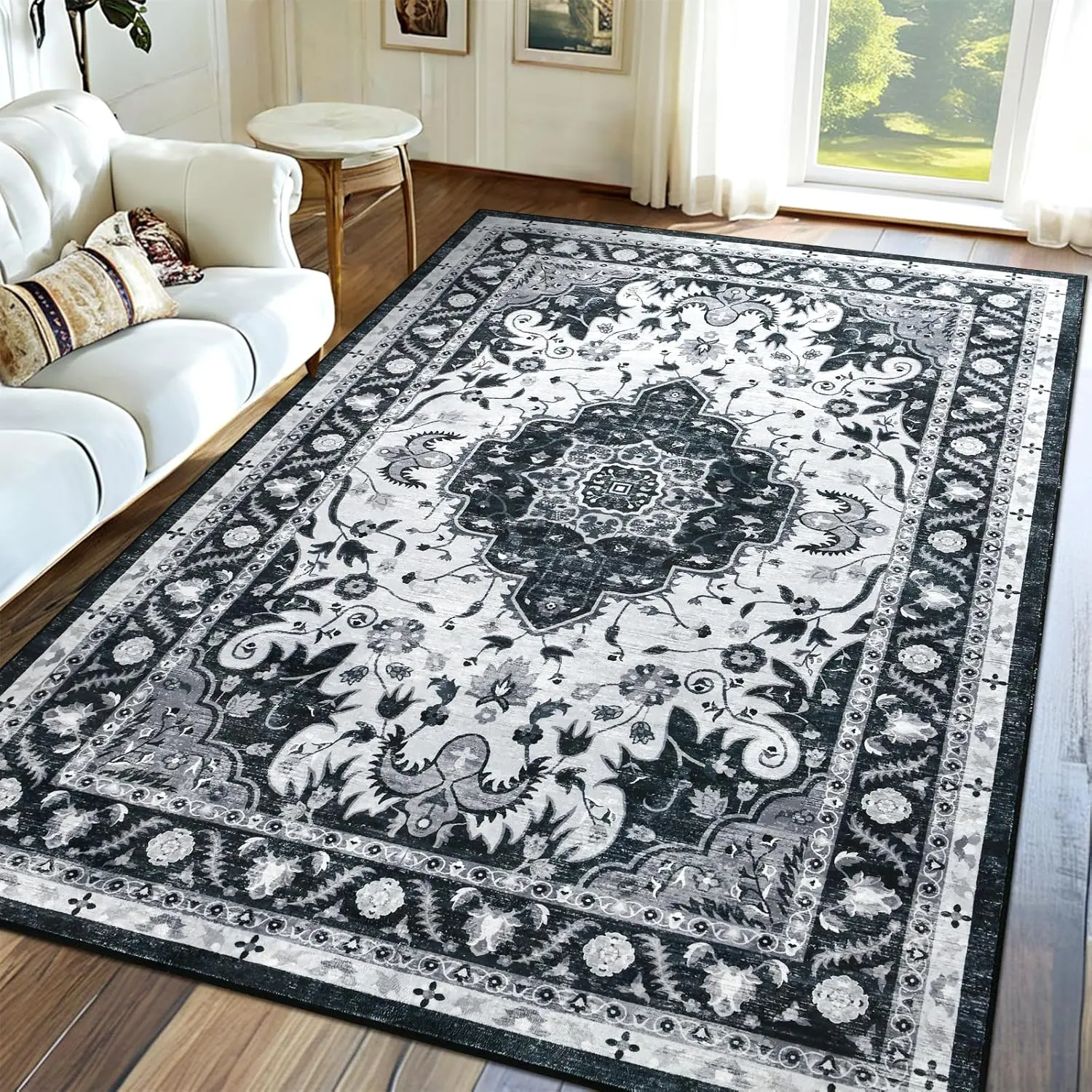 Area Rugs for Living Room, 4x6 Washable Non Slip Vintage Rugs, Low Pile Ultra Soft Indoor Print Pattern Carpet for Bedroom, Entryway, Office, Dining Room, Home Decor, Dark Grey